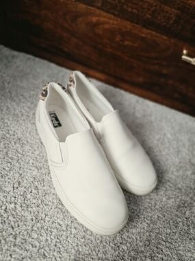 Keds White Slip-On Sneakers with Leopard Heel Tab